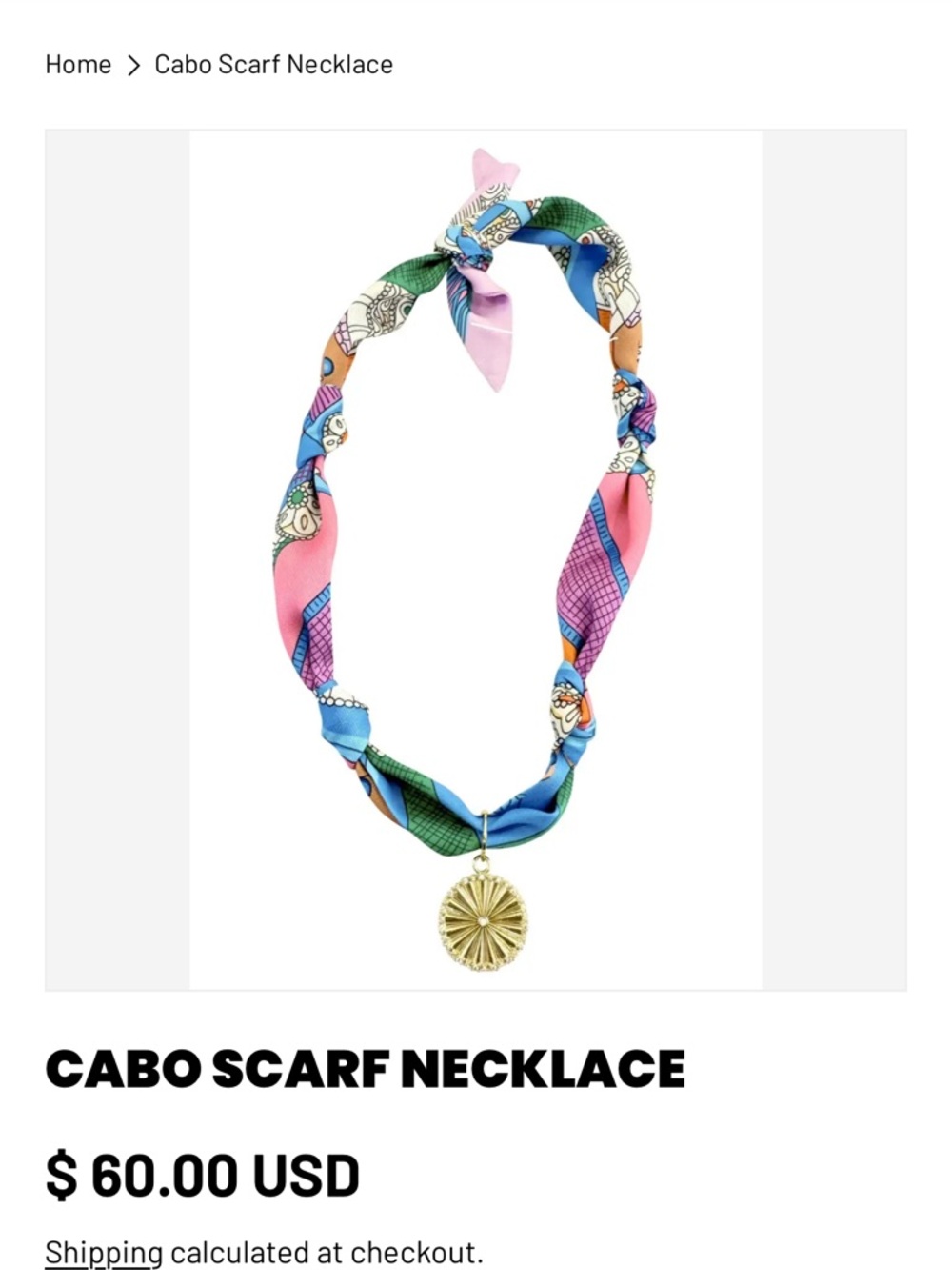 Patterned Scarf Necklace with Gold Sun Pendant - Pink, Blue & Green